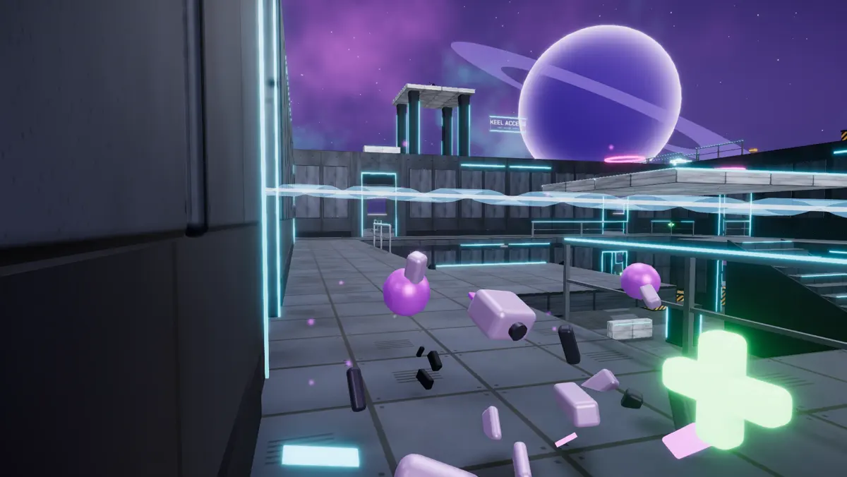 A robot breaking apart on a Meridian drydock deck beside a health pickup, ringed planet in the sky